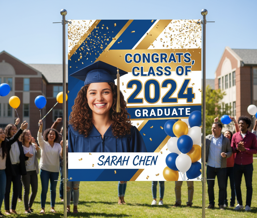 A colorful senior banner with bold text, vibrant graphics, and a graduate’s smiling portrait in the center
