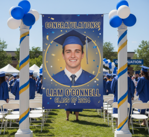 A personalized senior banner featuring a student photo, name, and school colors, designed for graduation season