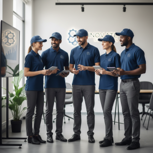 Branded uniforms with custom embroidery showcasing a company logo.