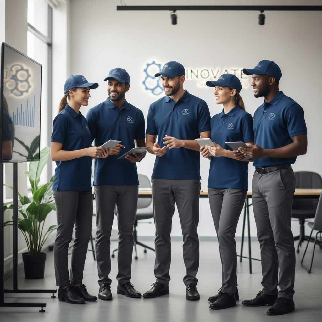Branded uniforms with custom embroidery showcasing a company logo.
