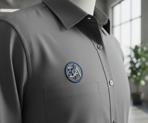 Custom embroidery logo on branded apparel highlighting business identity.