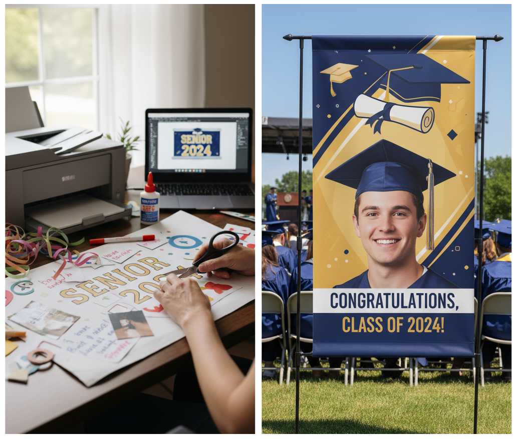 A comparison of DIY and professional senior banners displayed at a graduation event, showing creative designs and quality differences