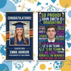 A designer reviewing a senior banner layout to avoid common design mistakes before printing