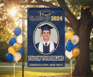 A personalized senior banner featuring a graduate’s photo, school colors, and motivational text