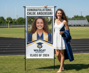 A proud graduate standing next to a large senior banner displaying their photo, name, and school colors