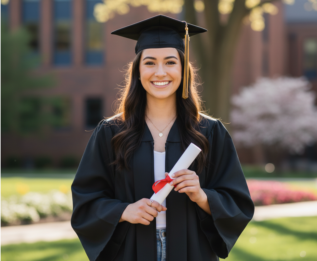 A smiling senior posing outdoors for a professional senior banner photo shoot with natural lighting