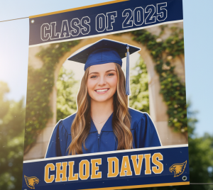 Close-up of a high-quality outdoor senior banner made from durable vinyl material under sunlight