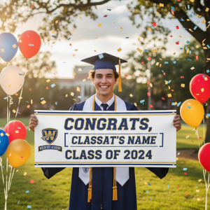 Custom senior banner displaying a graduate’s photo, name, and class year designed online.