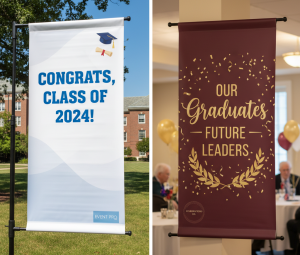 Side-by-side comparison of vinyl and fabric banners showing texture, color vibrancy, and durability