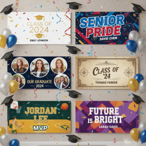 A collection of trending senior banner designs showcasing different layouts, colors, and graduation themes for the season