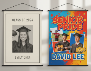 A comparison of minimalist and bold senior banner designs showing clean layouts versus vibrant graphics