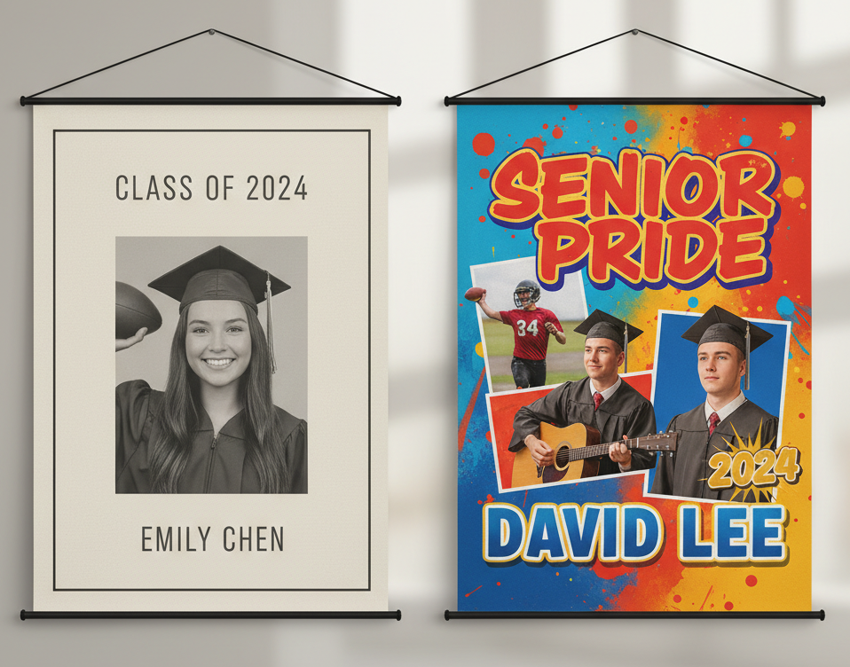 A comparison of minimalist and bold senior banner designs showing clean layouts versus vibrant graphics