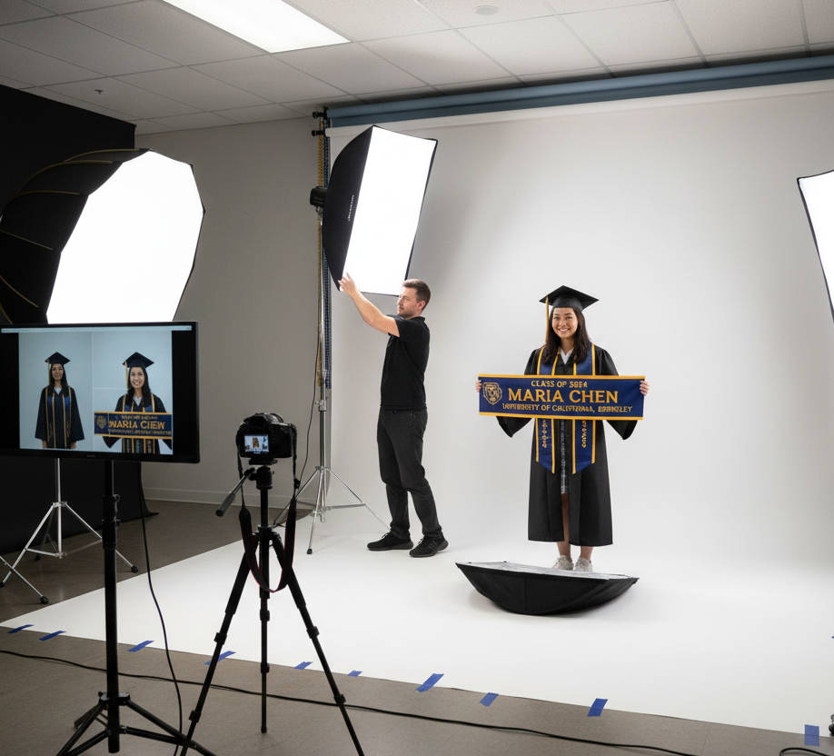 A photographer adjusting studio lights during a senior banner photoshoot to create bright and clear image quality