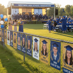 A proud graduate standing beside a custom-designed senior banner displaying name, photo, and graduation year