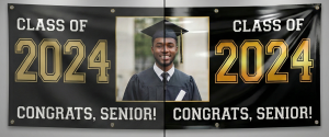 High-quality senior banner showing matte and gloss finish comparison displayed side-by-side