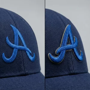 A comparison of flat embroidery and 3D puff embroidery showcasing texture, depth, and stitching styles on apparel