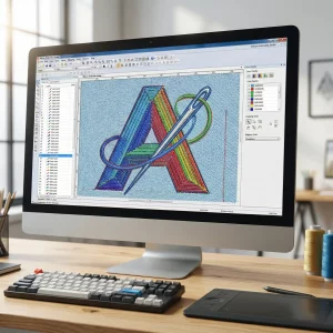 Close-up of embroidery digitizing software converting artwork into stitch format