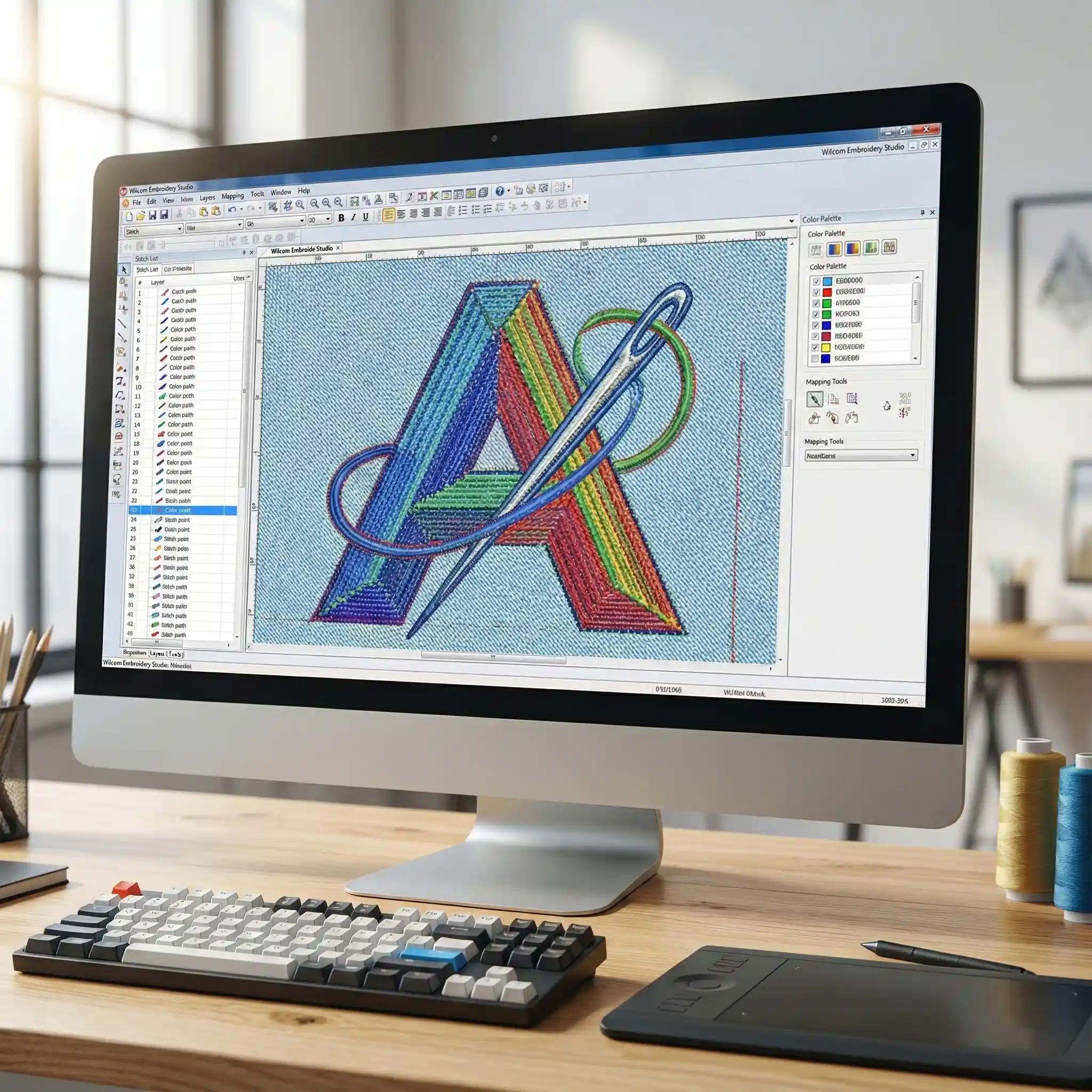 Close-up of embroidery digitizing software converting artwork into stitch format