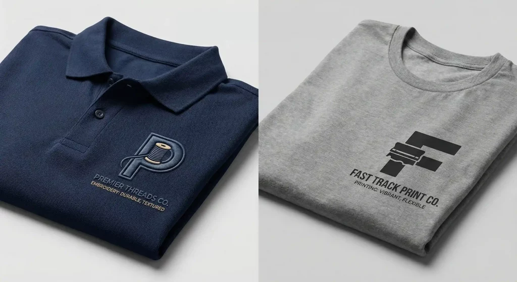 Comparison of embroidery and printing methods on custom apparel including stitched logos and printed design