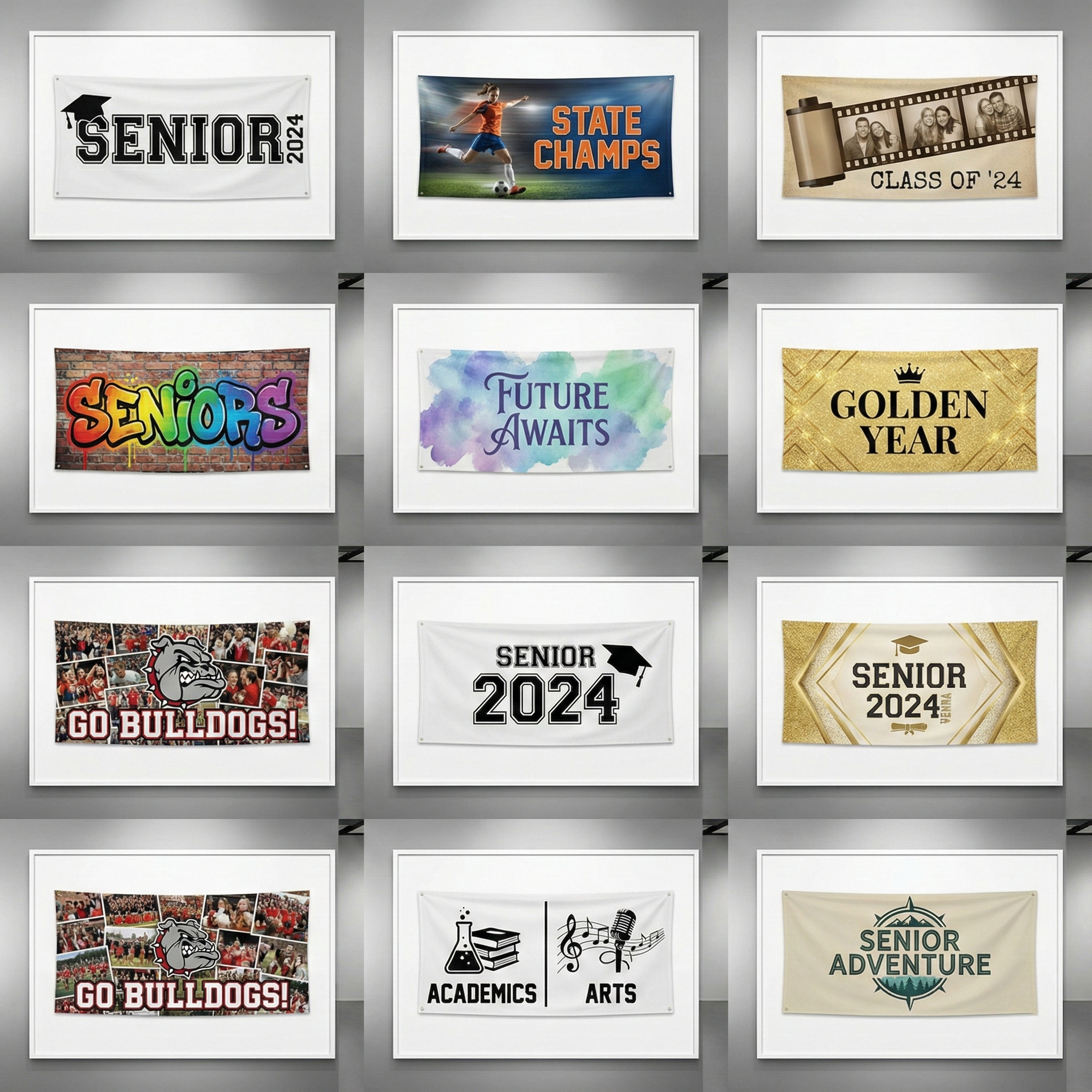 Creative collage showcasing the top unique senior banner designs with bold layouts and modern graduation themes