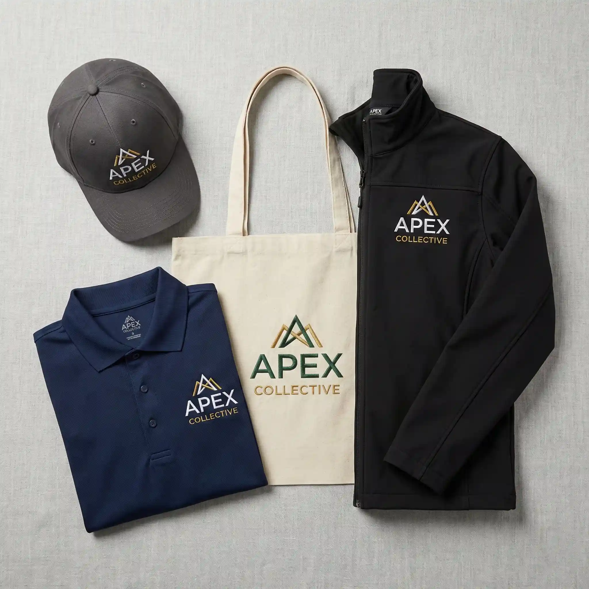 Custom embroidered promotional products including caps, polos, bags, and jackets with branded logos