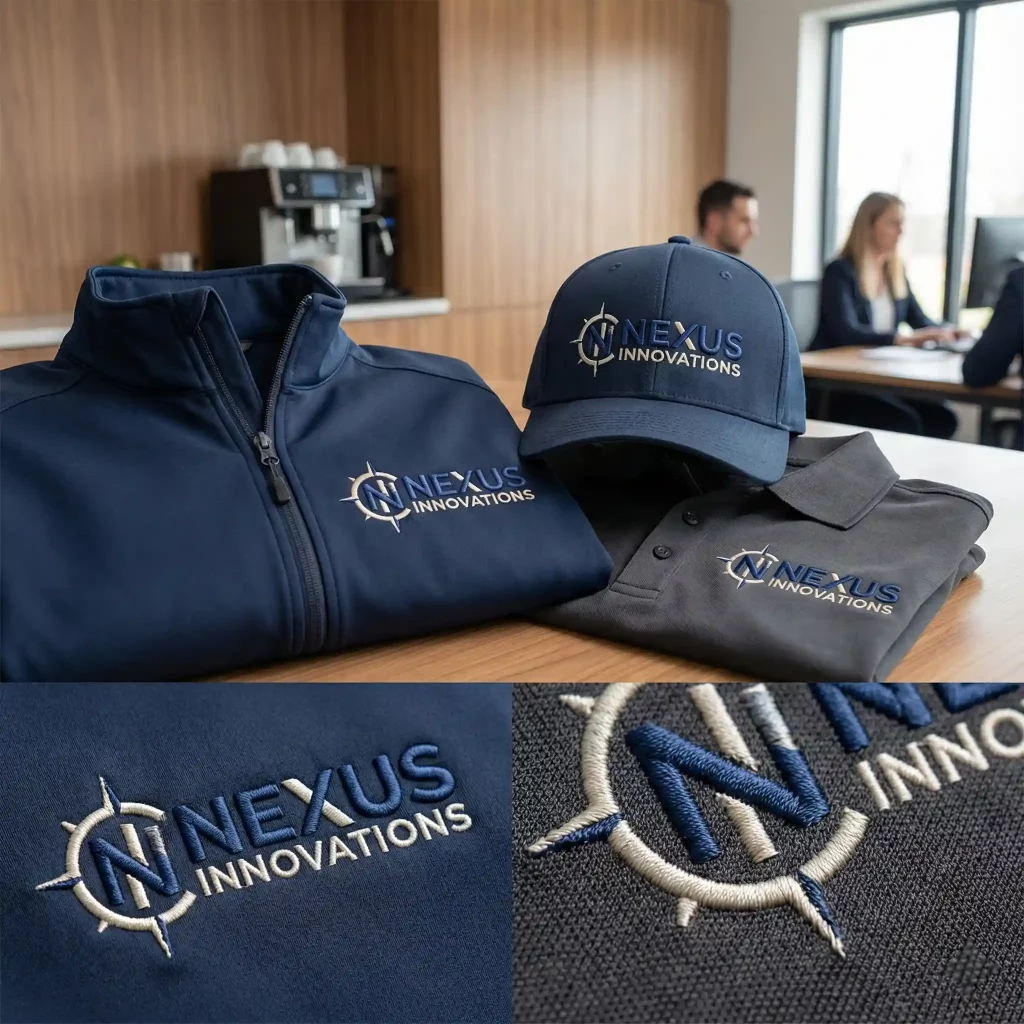 Custom embroidery branding on uniforms, caps, and promotional apparel showcasing stitched logos and premium detail
