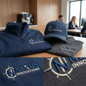 Custom embroidery branding on uniforms, caps, and promotional apparel showcasing stitched logos and premium detail