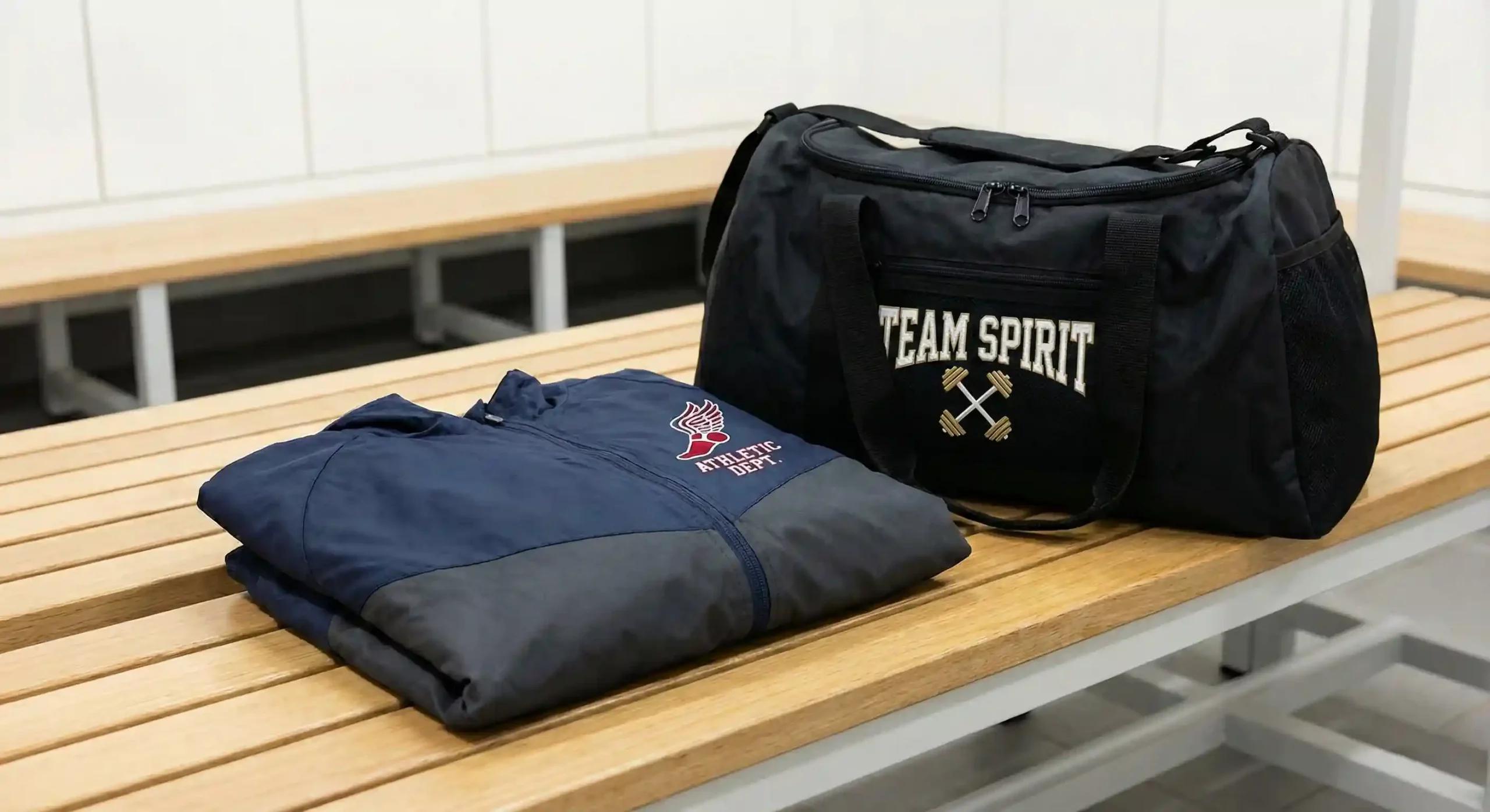 Custom embroidery patch design on a jacket and canvas bag showcasing clean stitching and bold logo details