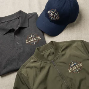 Custom logo embroidery on shirts, hats, and jackets showcasing professional stitched branding