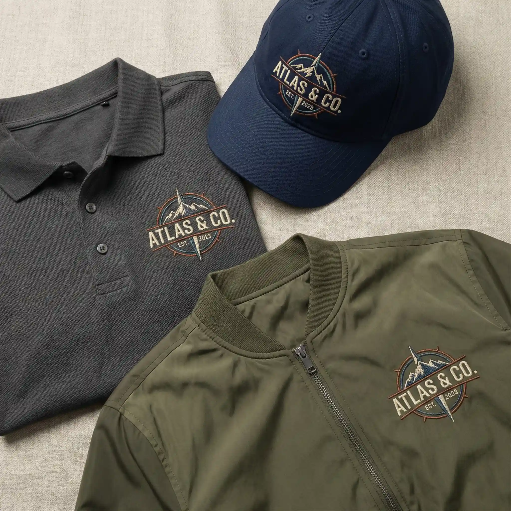 Custom logo embroidery on shirts, hats, and jackets showcasing professional stitched branding