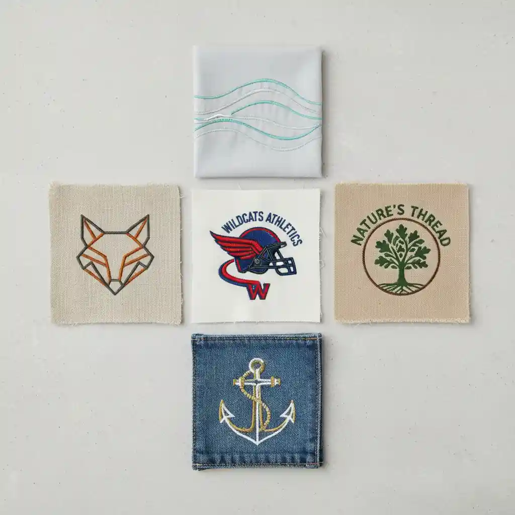 Different fabric types suitable for embroidery including cotton, linen, denim, canvas, and polyester blends displayed with embroidered samples