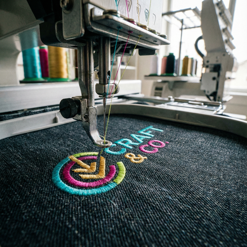 Professional embroidery machine stitching a custom logo on fabric