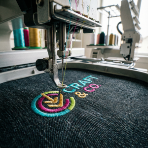 Professional embroidery machine stitching a custom logo on fabric