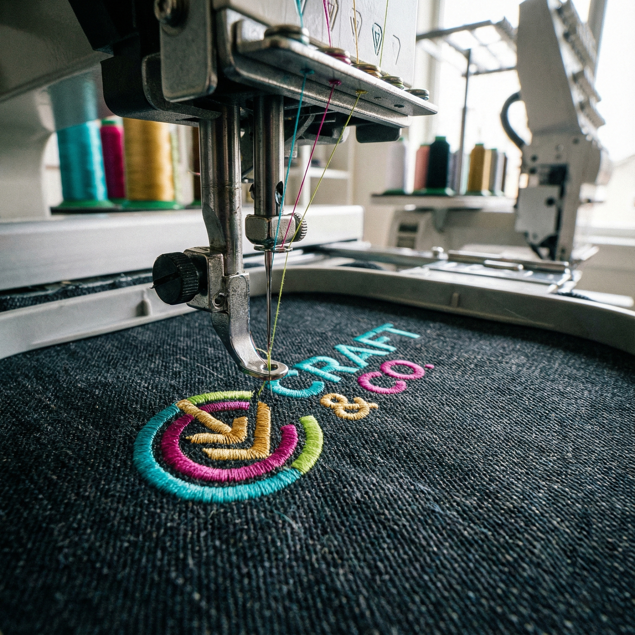 Professional embroidery machine stitching a custom logo on fabric