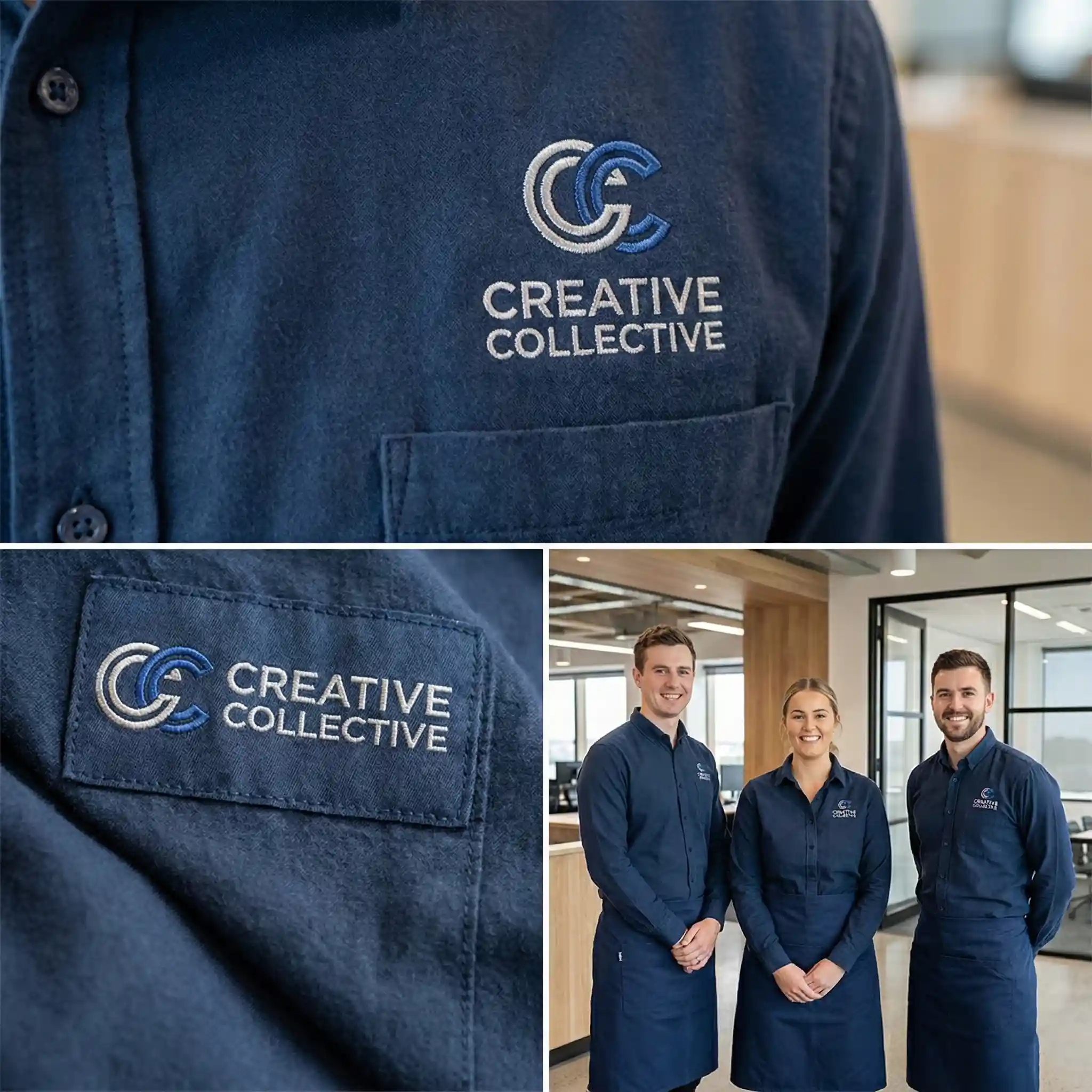 Team members wearing custom embroidered uniforms showcasing stitched logos and professional branding