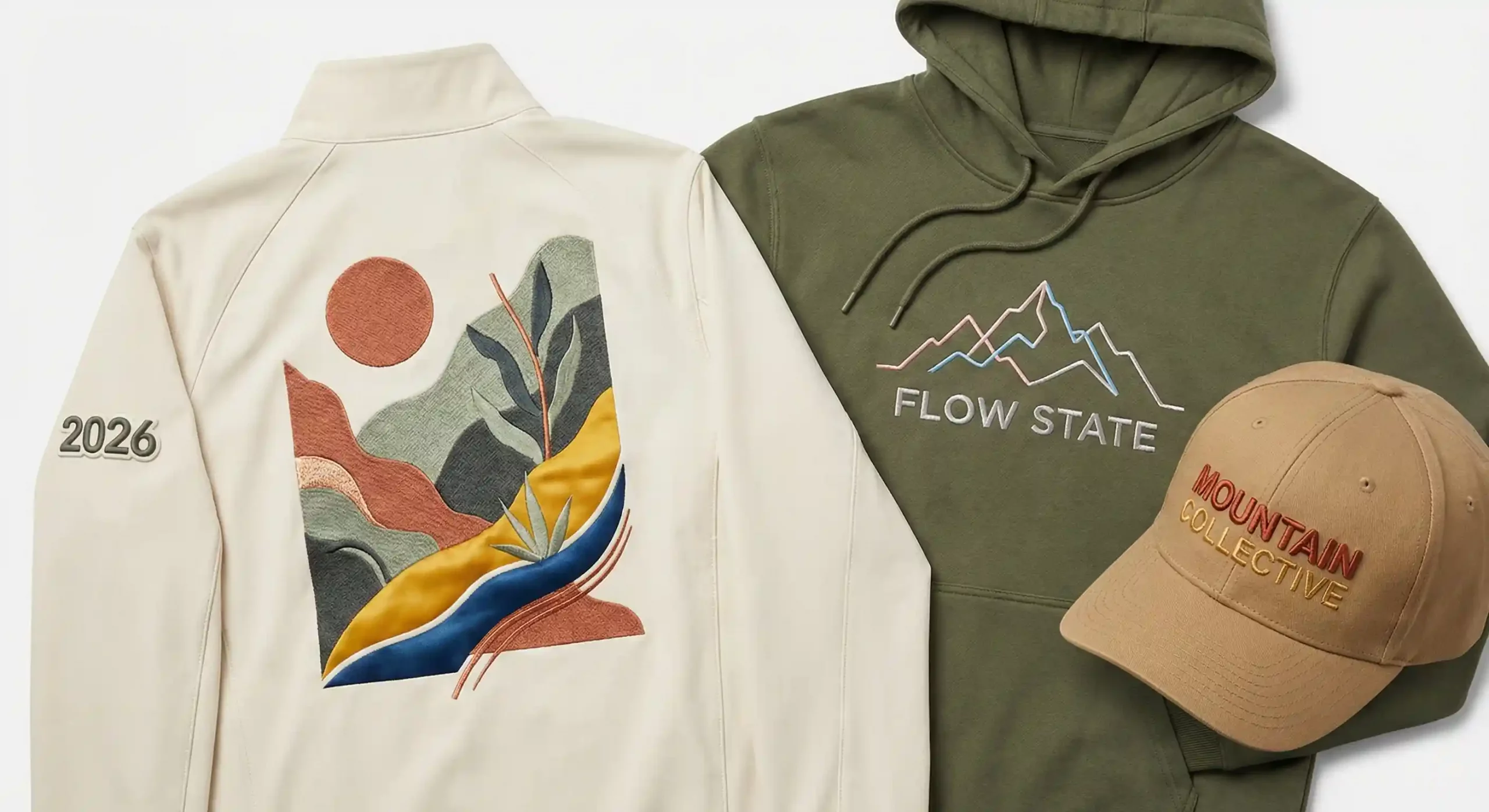 Close-up of modern embroidered apparel showcasing 2026 embroidery trends with bold thread colors, neutral earthy tones, pastel shades, metallic threads, and 3D puff embroidery details on custom clothing