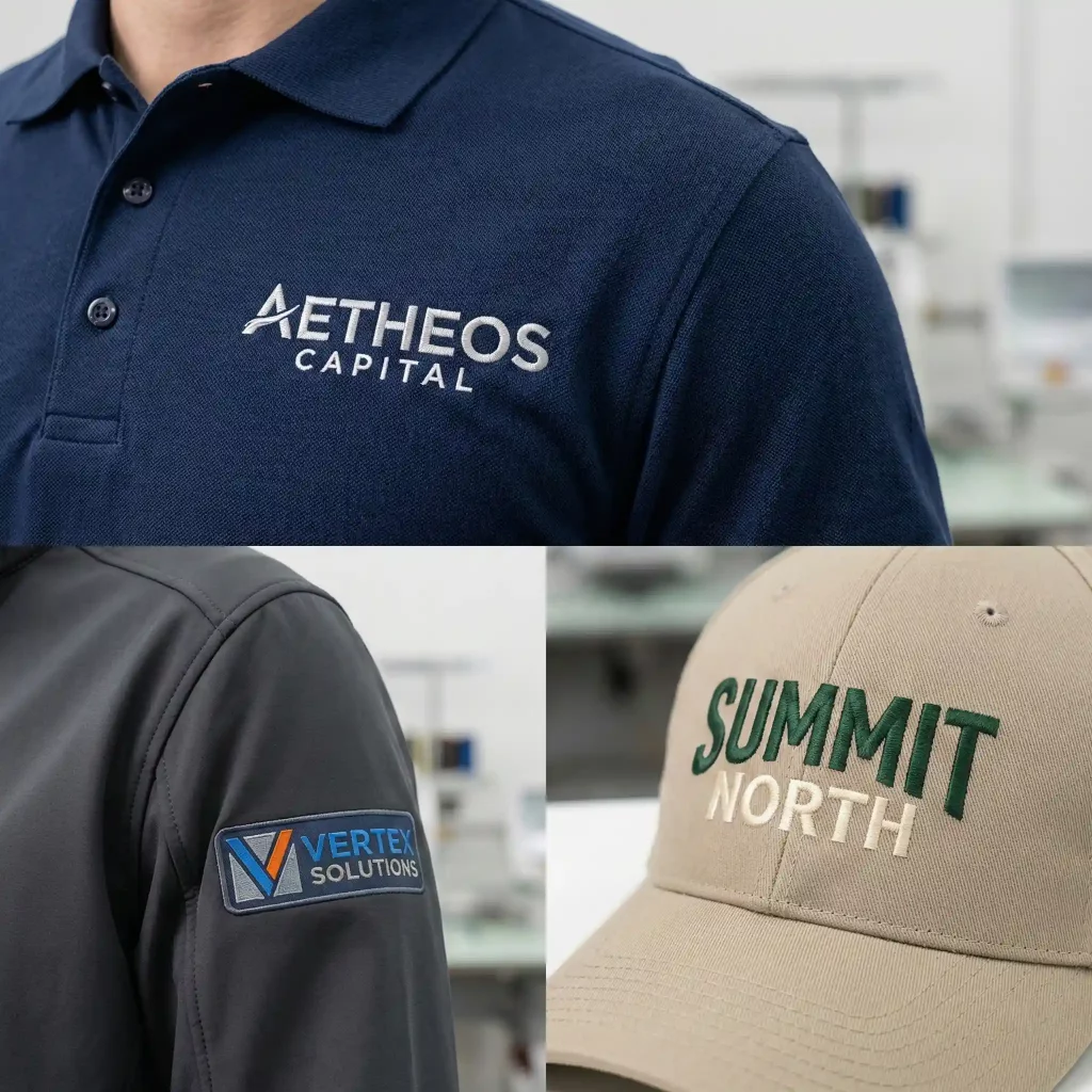 Custom embroidery on uniforms and promotional apparel showcasing professional logo stitching