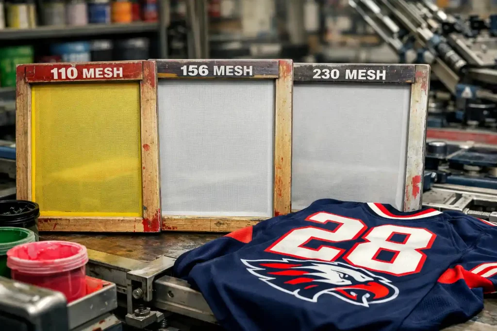 Close-up of silk screen printing mesh stretched on frame for sports jersey printing with visible mesh count detail