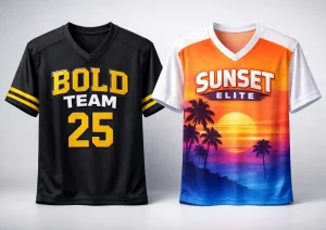 Comparison of silk screen printing and sublimation printing on sports jerseys showing texture and color differences