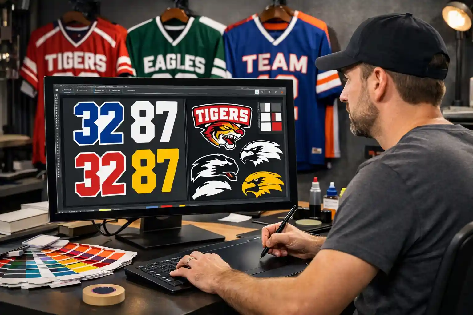 Graphic designer preparing vector artwork on computer for athletic silk screen printing on sports jerseys