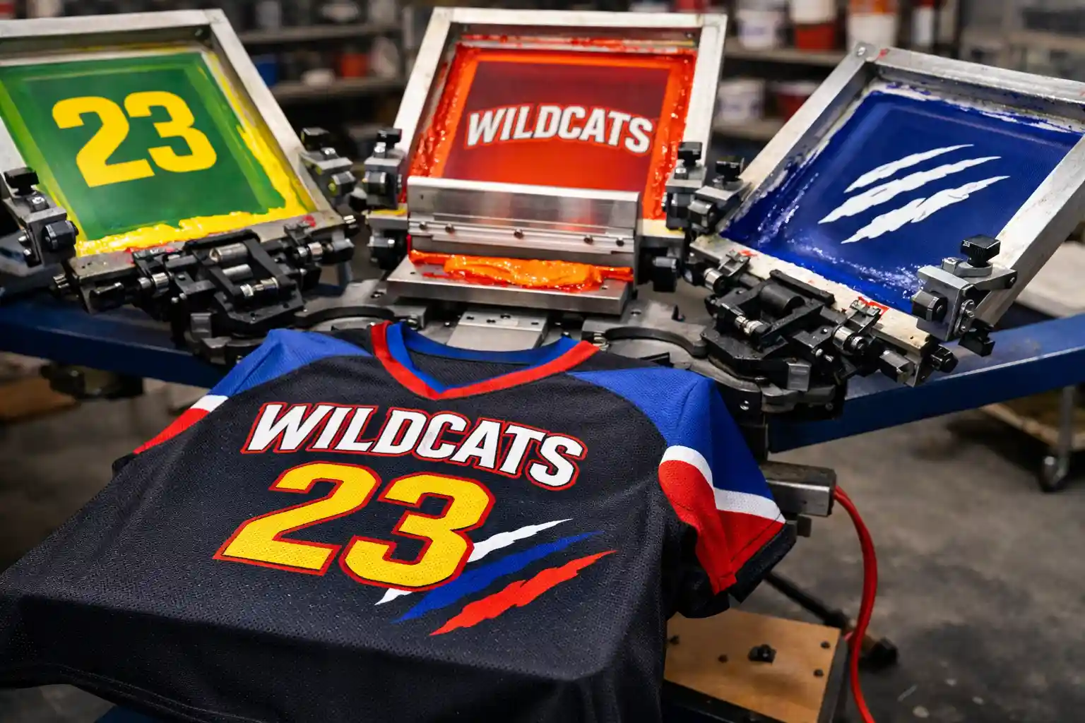 Silk Screen Printing for Sports Jerseys showing multi-color jersey design on printing press in landscape format