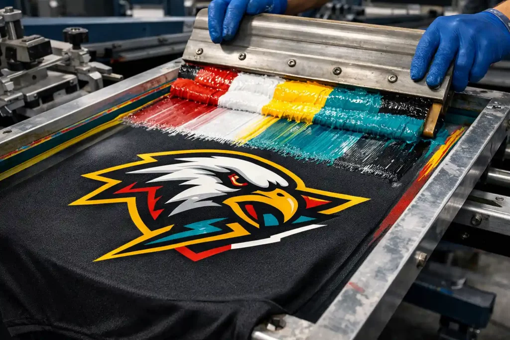 Silk screen printing process applying bold sports logo design onto athletic jersey using professional screen printing press