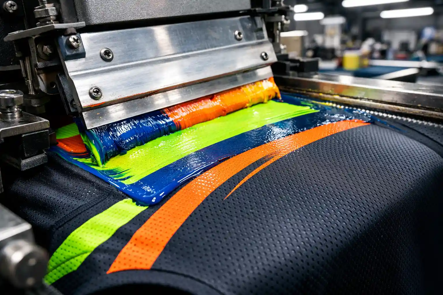 Silk screen printing process on high-performance sportswear fabric showing durable and vibrant athletic design