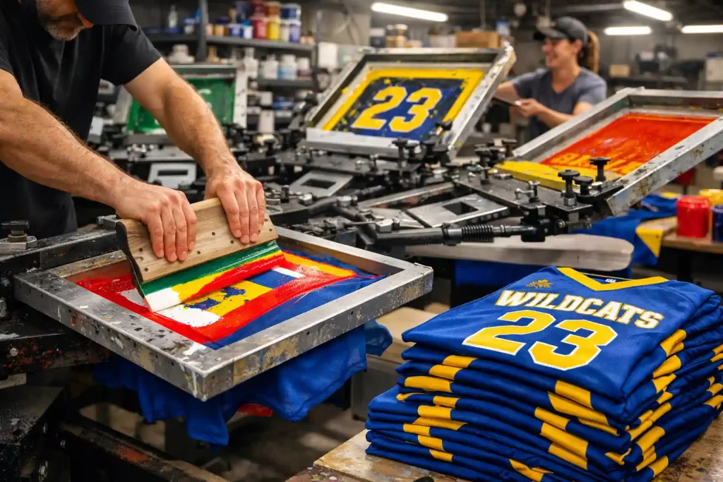 Silk screen printing process on sports jerseys for a local team inside a professional print shop