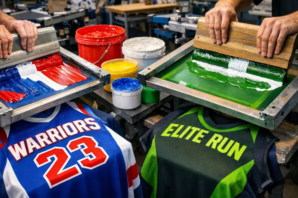Silk screen printing process showing different ink types applied to sports apparel fabrics