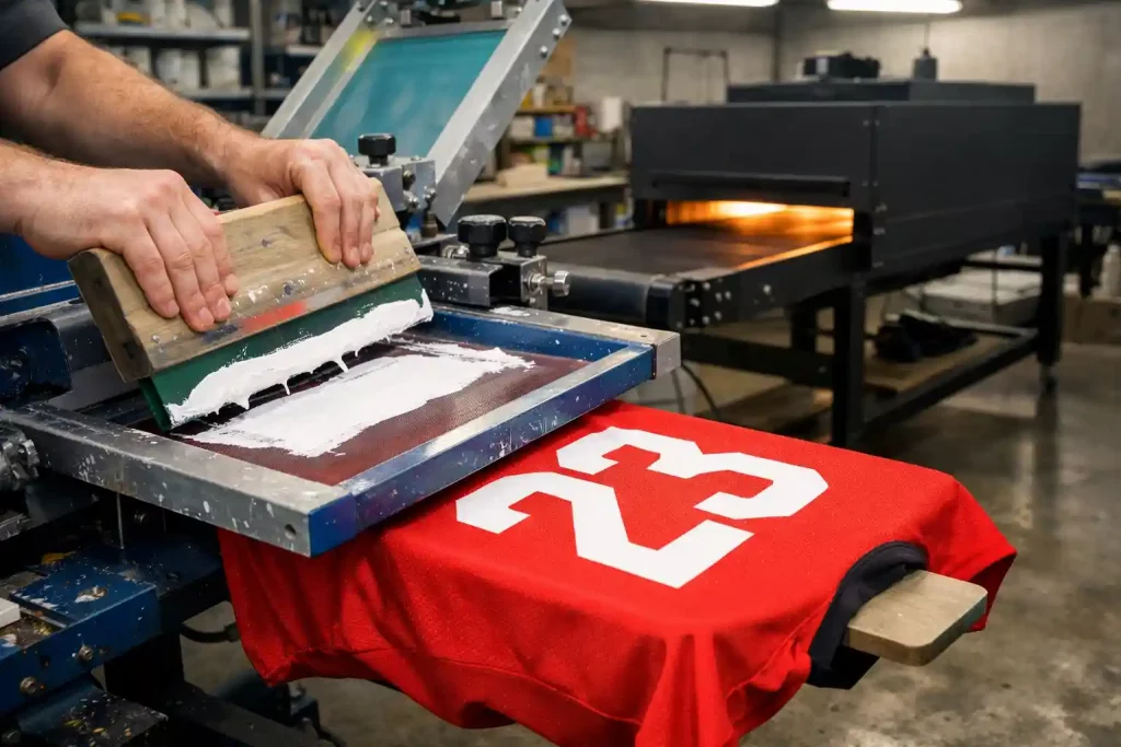Sports silk screen printing process showing mesh screens, ink application, and curing on athletic apparel