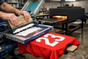 Sports silk screen printing process showing mesh screens, ink application, and curing on athletic apparel